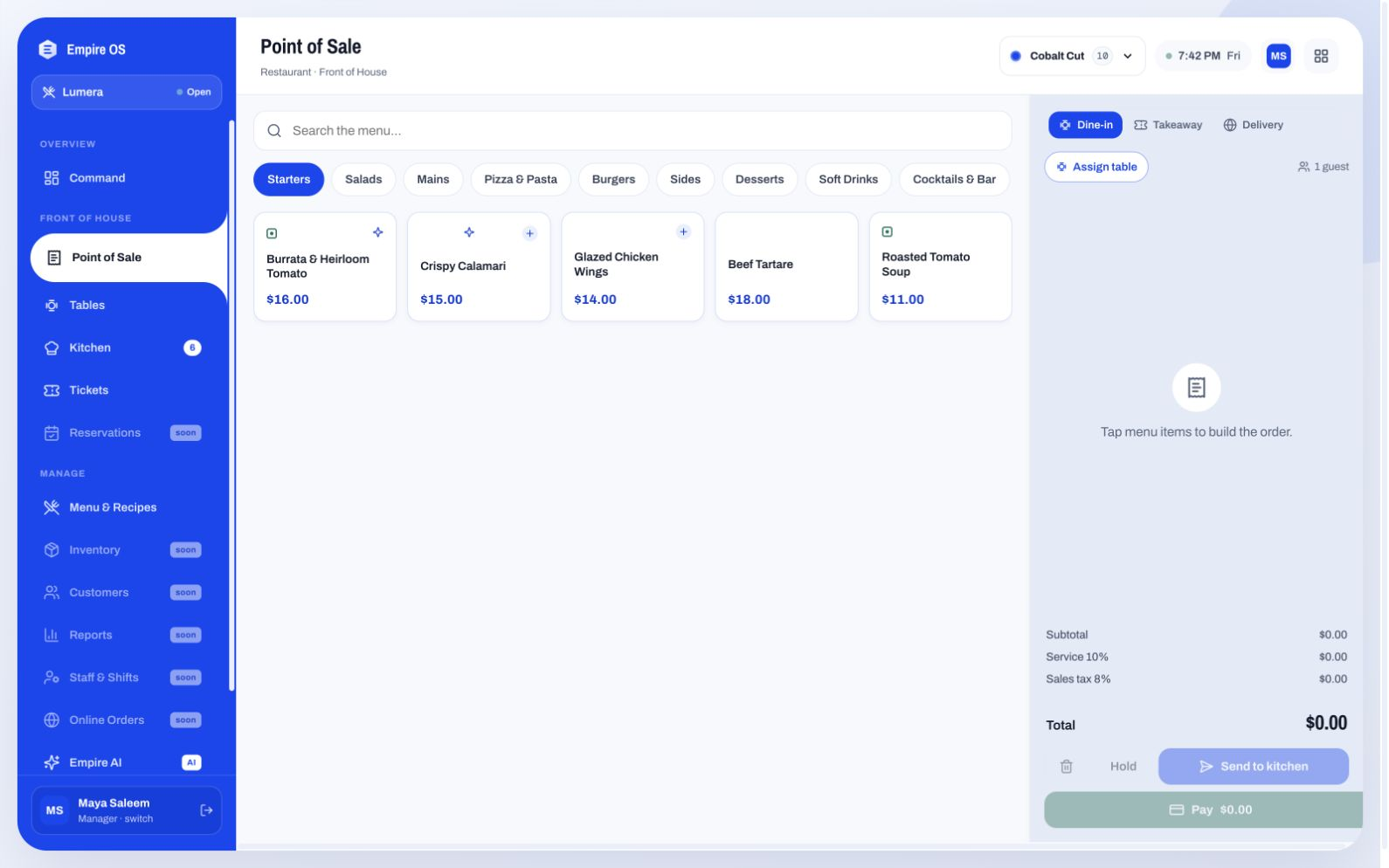 Empire OS point-of-sale workspace